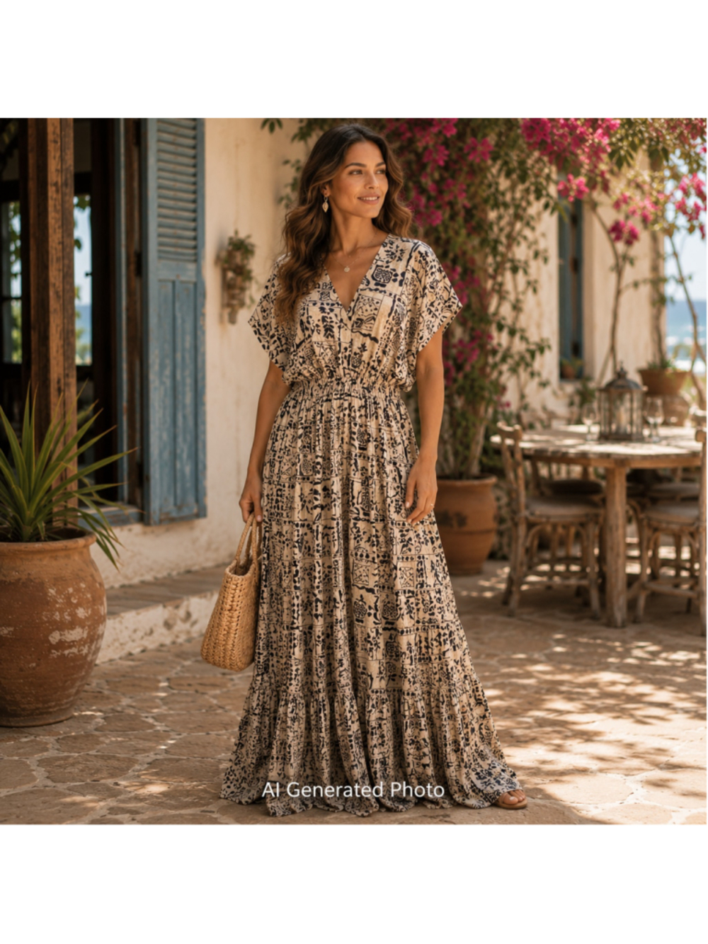 Easel Tribal Print Maxi Dress Medium Tan Black NWT Boho Tiered Resort Travel